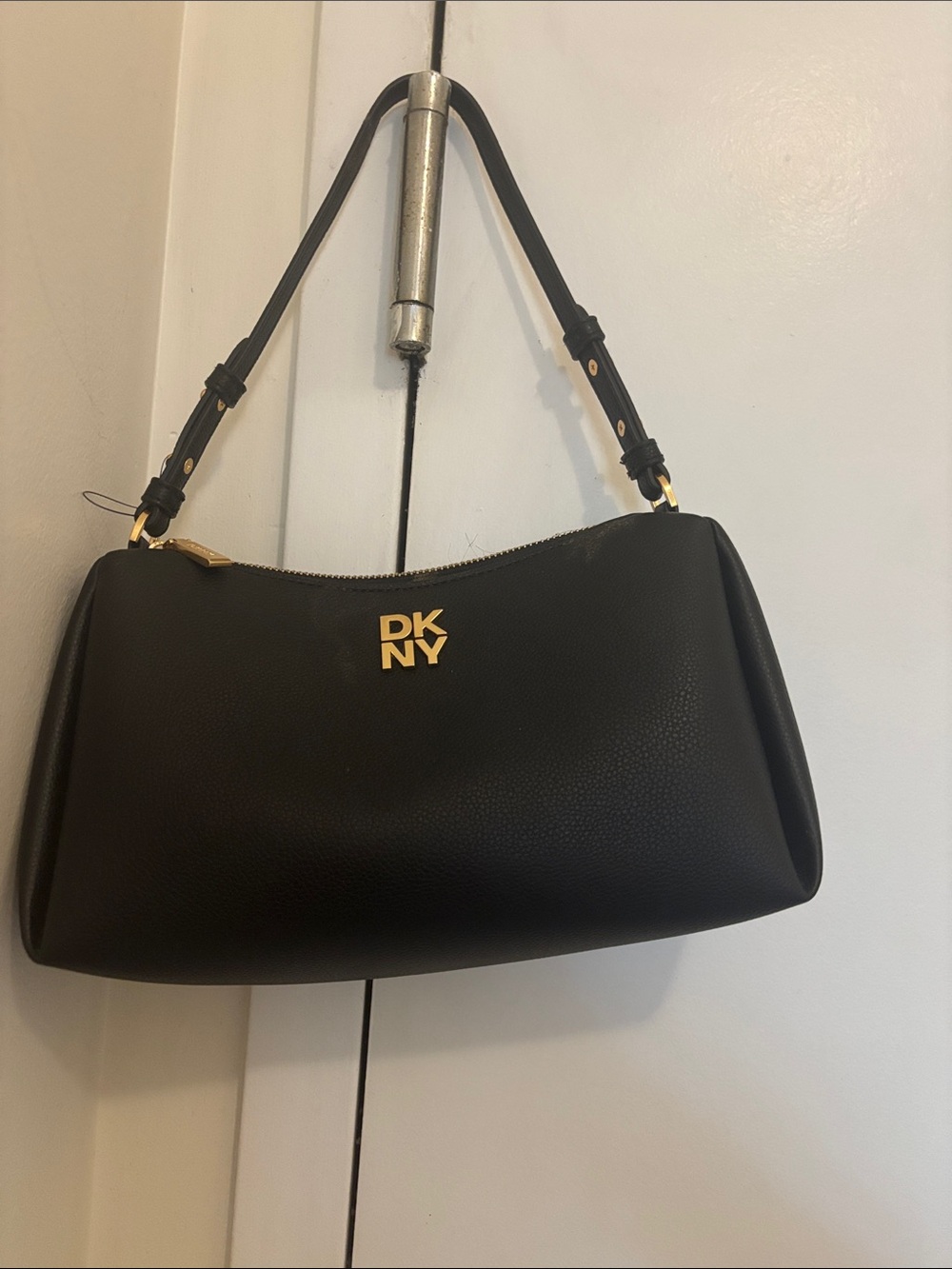 DKNY Black Pebbled Shoulder Bag with Gold Logo